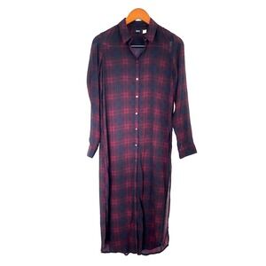 BDG Womens Sheer Tartan Plaid Maxi Duster Dress Sz S Burgundy Boho Grunge Retro